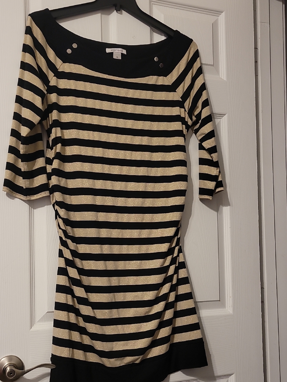 White House Black Market Black and Cream Striped Boatneck Long Sleeve Dress